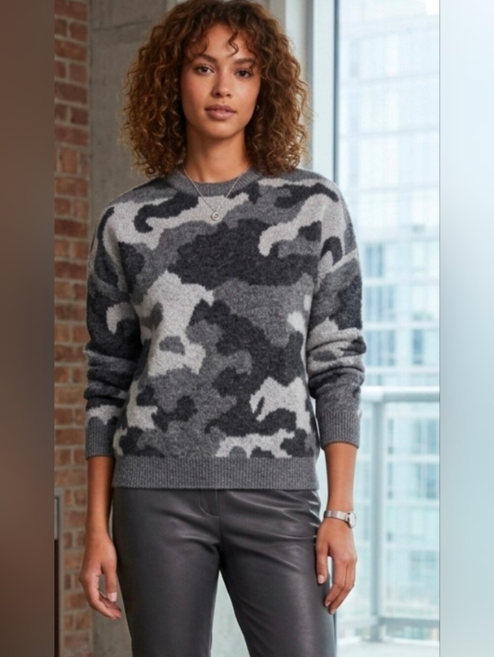 Lucky Brand Gray Camouflage Wool Blend Knit Crewneck Sweater Size XL